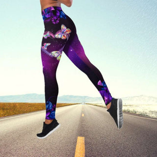 High-waist butterfly-print yoga pants on woman jogging on road