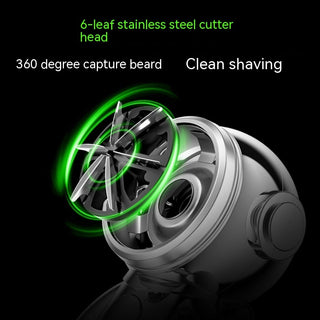 Compact, portable electric shaver with 6-leaf stainless steel cutting head for close, clean shaving. Features 360-degree capture beard technology for a comfortable grooming experience.