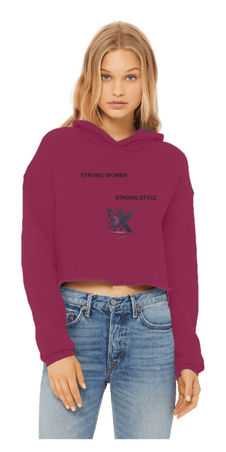 Stylish cropped women's hoodie with graphic print and raw edge design, showcasing trendy and comfortable fashion.
