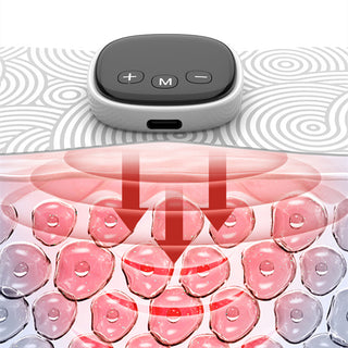 Compact neck massager device with modern grey and silver design, displayed on a patterned background with soft red lights, suggesting the product's ability to provide relaxing massage therapy.