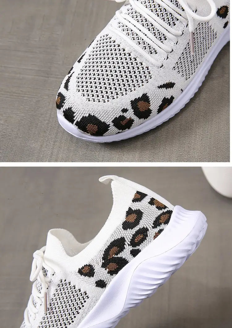 White Shoes Women Leopard Print Lace-up Sneakers Sports