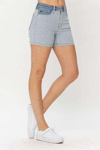 Stylish stretch denim shorts in heather grey, featuring a classic high-waist design and front pockets for a versatile, casual look.