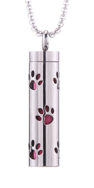 Sleek Paw Print Pendant Necklace: Stainless steel cylinder-shaped pendant with delicate paw print design, suspended on a stylish ball chain for a trendy, minimalist look.