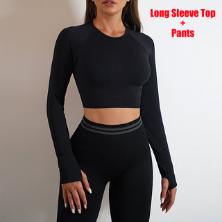 Chic black long sleeve top and matching pants from K-AROLE's seamless yoga collection. The form-fitting ensemble flatters the figure and provides a comfortable, stylish activewear option.