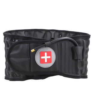 Black back decompression belt with lumbar support and Swiss cross medical symbol. The belt appears to be designed for back pain relief, lumbar disc herniation, and lumbar traction. It features adjustable straps and a sleek, minimalist design.