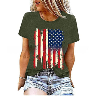 Stylish American flag graphic t-shirt for women, showcasing patriotic design with distressed stars and stripes on an olive green background.