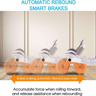 Automatic Rebound Smart Brakes - Stable braking, automatic rebound, easy reset. Accumulate force when rolling forward, and release assistance when rebounding. Three orange-wheeled office chair casters shown against a plain background.