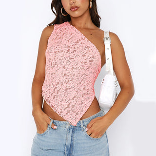 Elegant pink lace backless top with stylish streetwear design.