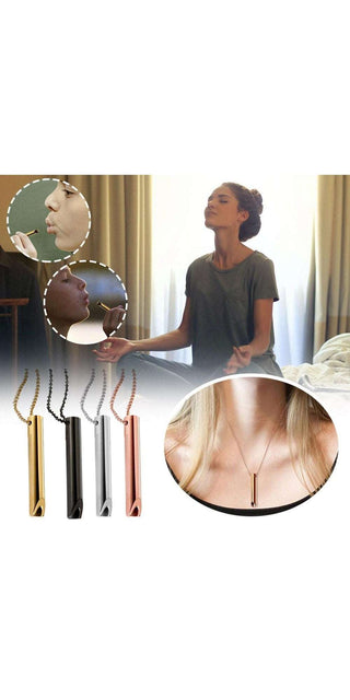 Stylish stainless steel breathing necklace with adjustable pendants for stress relief and relaxation.
