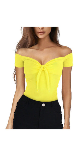 Vibrant yellow off-the-shoulder top with knot detail, worn by a young woman with long, dark hair