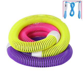 Vibrant colorful fitness hoop circles in yellow, pink, and purple tones, with a jump rope attached, displayed on a plain background. The product is a versatile fitness equipment item that can be used for weight loss, bodybuilding, and home workouts.