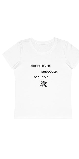 White t-shirt with inspirational text "She believed she could, so she did" and a butterfly graphic