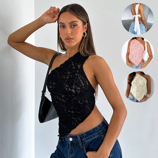 Stylish lace backless summer top: Solid color streetwear with trendy silhouette and delicate pattern