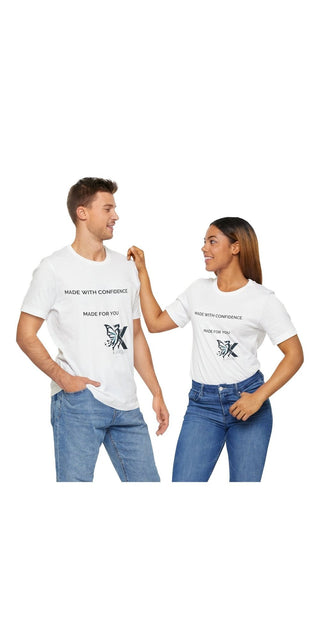 Casual couple wearing simple white t-shirts with text graphic design, standing and interacting in an open, friendly manner against a plain white background.