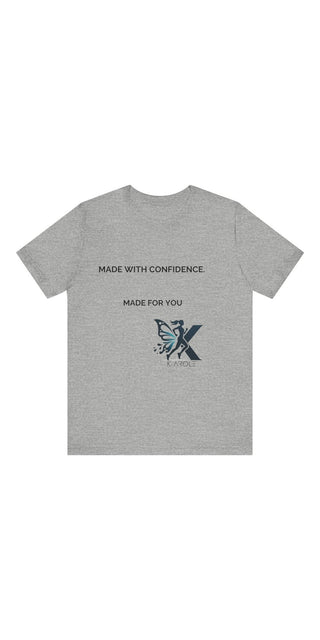 Unisex jersey short sleeve t-shirt in heather gray, featuring the text "Made with confidence. Made for you" and a butterfly graphic design.
