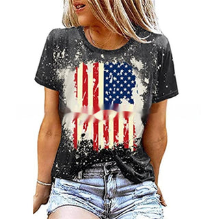 American flag graphic women's casual t-shirt with short sleeves and distressed design