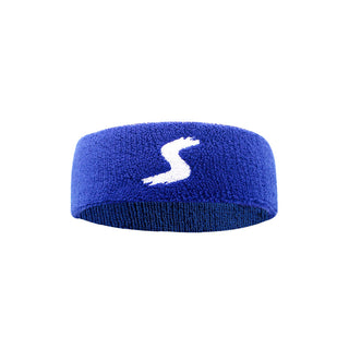 Blue athletic headband featuring a white 'S' logo against a bright blue background.