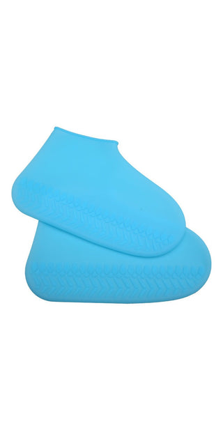Silicone waterproof rain boot cover in vibrant blue, featuring a thickened non-slip and wear-resistant sole to protect shoes from rain and weather.