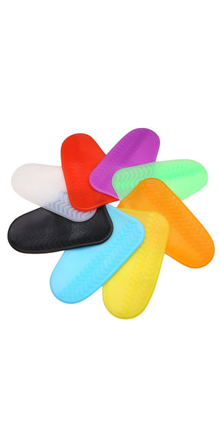 Colorful rain boot covers with non-slip, wear-resistant soles displayed in the image. The product appears to be a set of waterproof shoe covers in a variety of vibrant colors, including red, purple, white, green, orange, and blue.