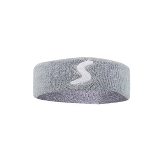 Cozy gray fitness headband with a white logo prominently displayed, perfect for active workouts and sports activities.