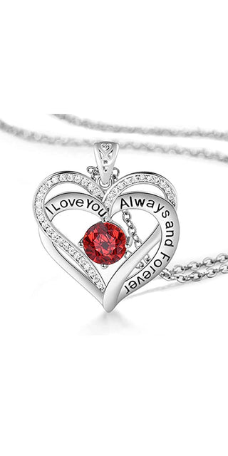 Elegant crystal heart necklace with "I love you always" engraved design and sparkling red gemstone at K-AROLE.