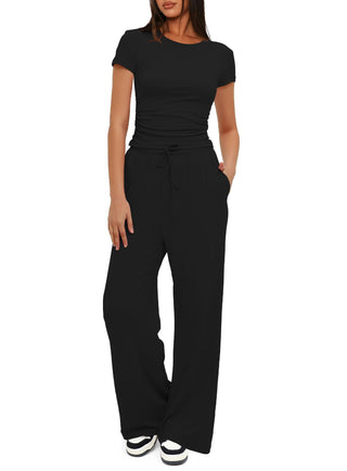 Traje de yoga deportivo informal de color sólido de 2 piezas, top de manga corta y pantalones de pierna ancha con cordón de cintura alta, conjunto de moda de verano para ropa de mujer