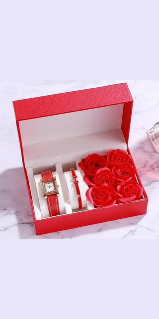 Elegant red rose watch gift set on marble background - Valentine's Day gifts for ladies watches at K-AROLE.