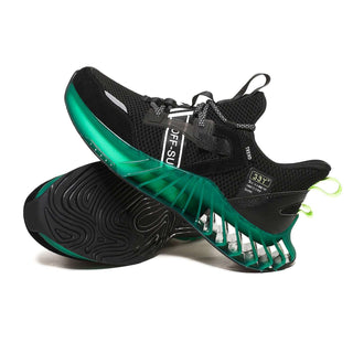 Minimalist black sneakers with eye-catching green accents, showcasing a futuristic design with a sleek and lightweight construction. The sneakers feature a flexible, grip-enhancing sole that provides optimal support and traction for athletic activities.