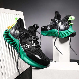 Stylish black and green athletic sneakers with futuristic design and bold branding, displayed on a white background.