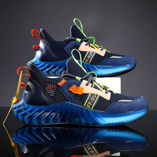 Stylish sports sneakers displayed on a black reflective surface. The sneakers feature a navy blue and neon green color scheme, with textured and mesh upper designs. Thick treaded soles provide athletic grip and support. The shoes appear to be a modern, trendy athletic shoe design.