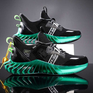 Black and green futuristic sneakers with striking design and grip on a reflective surface