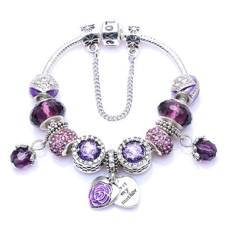 Elegant purple and silver beaded bracelet with floral charms for Mother's Day gift