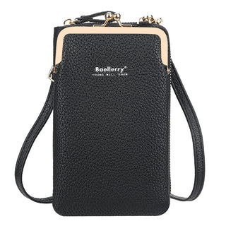 Black leather women's messenger bag with lock and gold hardware. Sleek, stylish design from the Baellerry brand. Features a compact size suitable for carrying essentials like a mobile phone, wallet, and small accessories while on the go.