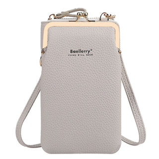 Stylish light gray messenger bag with lock and metal accents. The bag features the Baellerry brand name printed on the front, indicating it is a product from the Baellerry fashion brand. The bag appears to be suitable for carrying a mobile phone and other small personal items, making it a practical and fashionable accessory.