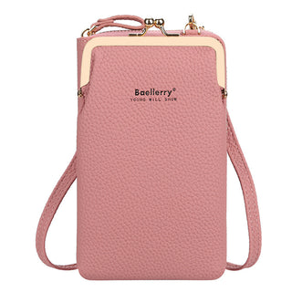 Stylish pink leather shoulder bag with lock and Baellerry logo on the front, ideal for carrying a mobile phone or other small essentials.