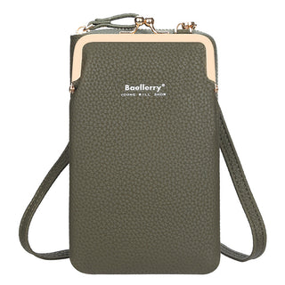 Fashionable olive green crossbody phone bag with lock and Baellerry brand name. Stylish and functional women's messenger bag that can securely store a mobile device.