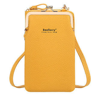 Stylish yellow leather crossbody bag with the Baellerry logo, featuring multiple compartments and a detachable shoulder strap for versatile carrying options.