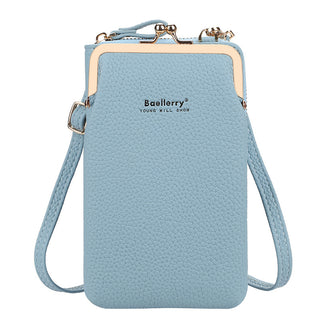 Stylish mobile phone shoulder bag with lock for women. Blue faux leather bag with metal accents and adjustable strap. Features the Baellerry logo. Compact and fashionable design for carrying essentials.