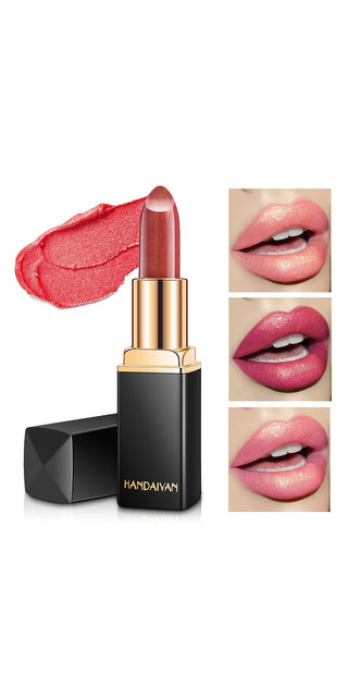 Vibrant red lipstick in gold-trimmed package, featuring pearlescent color-changing formula for bold, glowing lips.