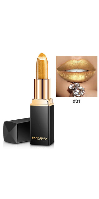 Shimmering gold lipstick with temperature-changing color in sleek black packaging, showcasing a sparkling statement lip