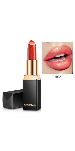 Shiny metallic lipstick in vibrant red shade with temperature-changing effect, presented on a clean white background.