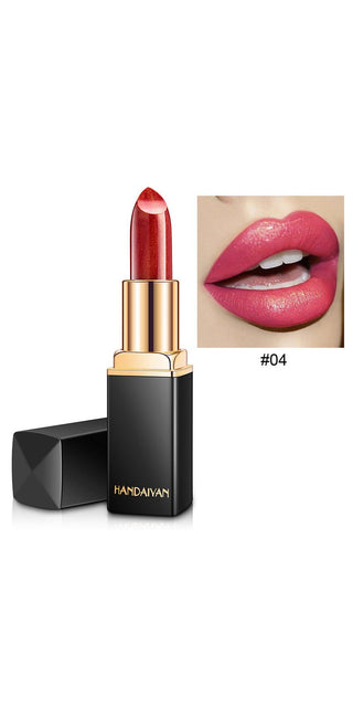 Vibrant red metallic lipstick with pearlescent color-changing formula, showcased on model's luscious lips.