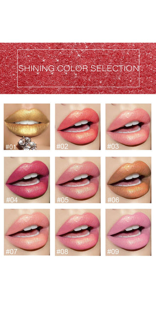 Shiny metallic lipstick color palette with various pearlescent, temperature-changing and gilt lipstick shades showcased on close-up images of lips against a red glitter background.