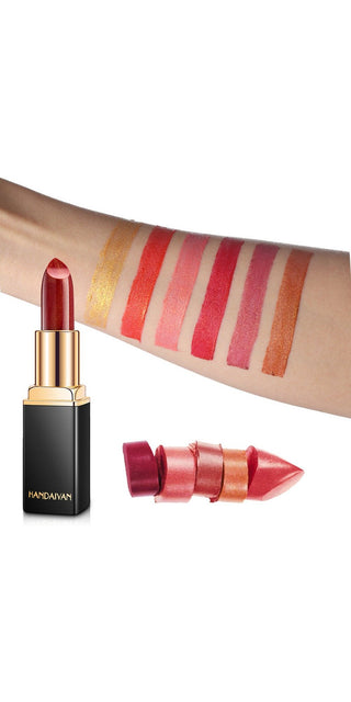 Shimmery metallic lipstick with temperature-responsive color change effect, showcased on a human arm against a white background.
