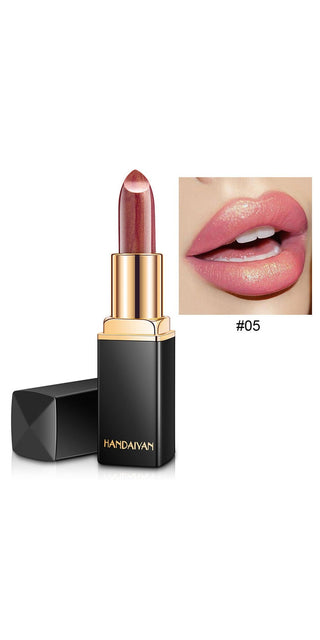 Shiny metallic lipstick in pearlescent color with temperature-changing effect, showcased in gold packaging.