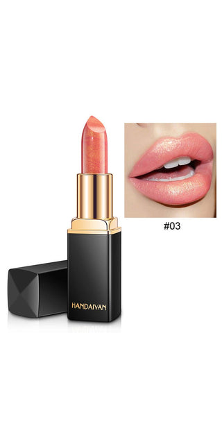Shimmering metallic lipstick with temperature-changing effect, showcasing a vibrant coral hue against a model's lips.