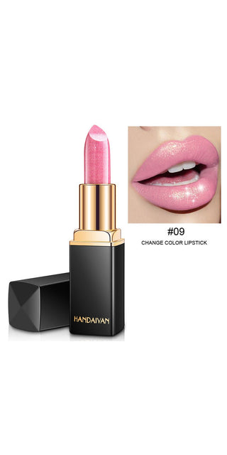 Shimmery pink lipstick in sleek black and gold packaging, showcasing its color-changing pearlescent formula.