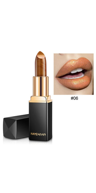 Shimmering metallic lipstick in vibrant color, featuring gold-tone packaging for an elegant makeup look.
