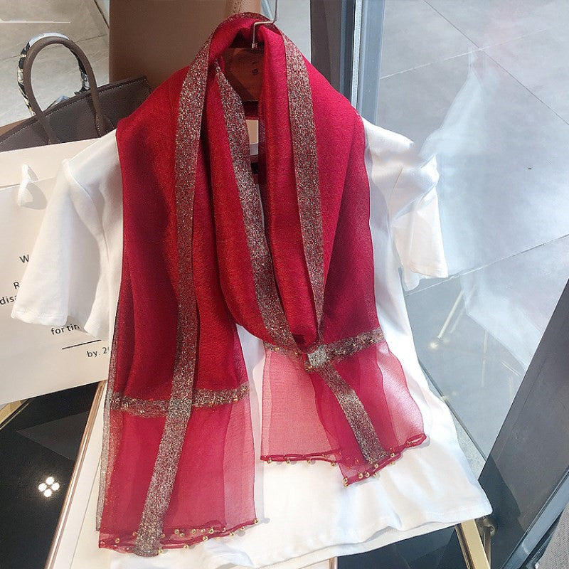 Silk Silk Wool Scarf New Spring And Autumn Silk Scarf With Beads