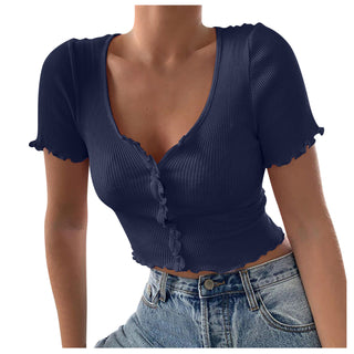 Navy blue ribbed short sleeve V-neck crop top with button detailing and ruffles along the edges, displayed against a plain white background.